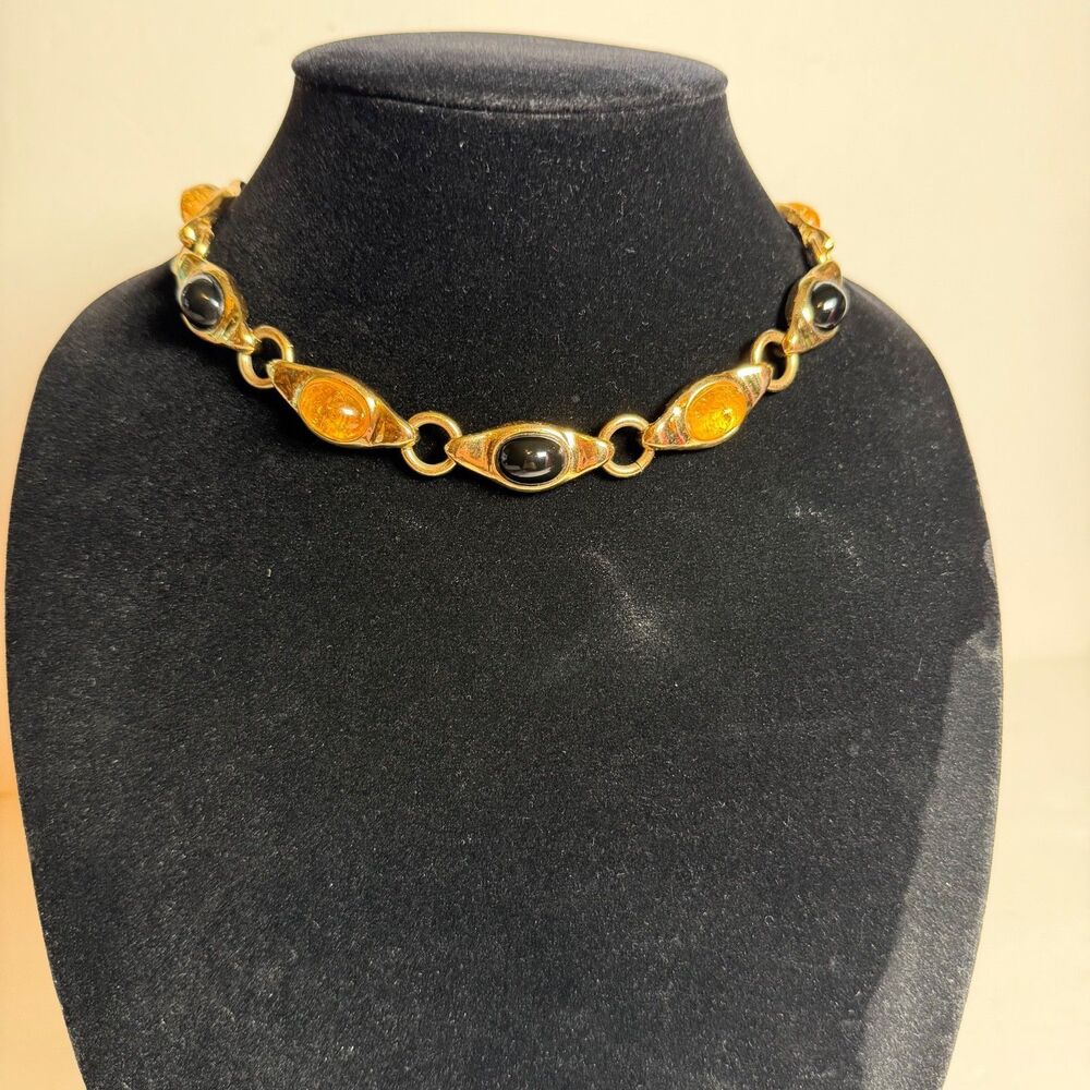 Francesca Romana FR Gold Tone Link Necklace Black & Honey Cabochons 15.5"